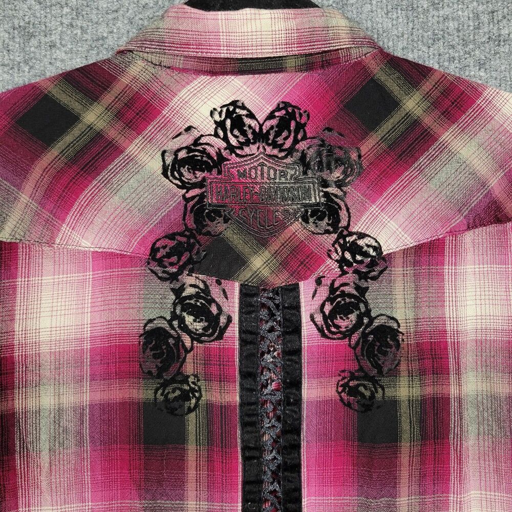 HARLEY DAVIDSON Pink Plaid Floral Embroidered Western Button Up Shirt SIZE XL - Picture 9 of 16